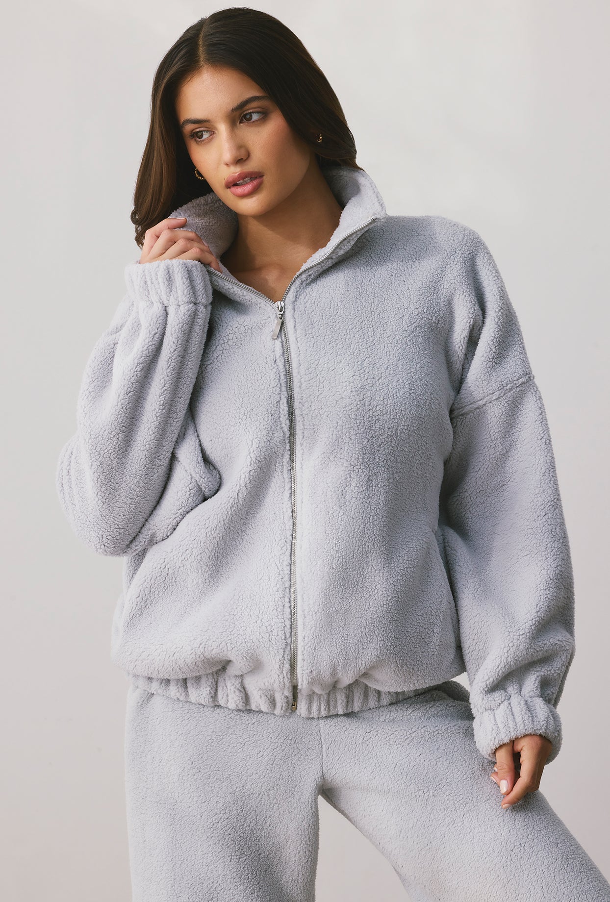 Oversized Fleece Zip Up Jacket in Fog