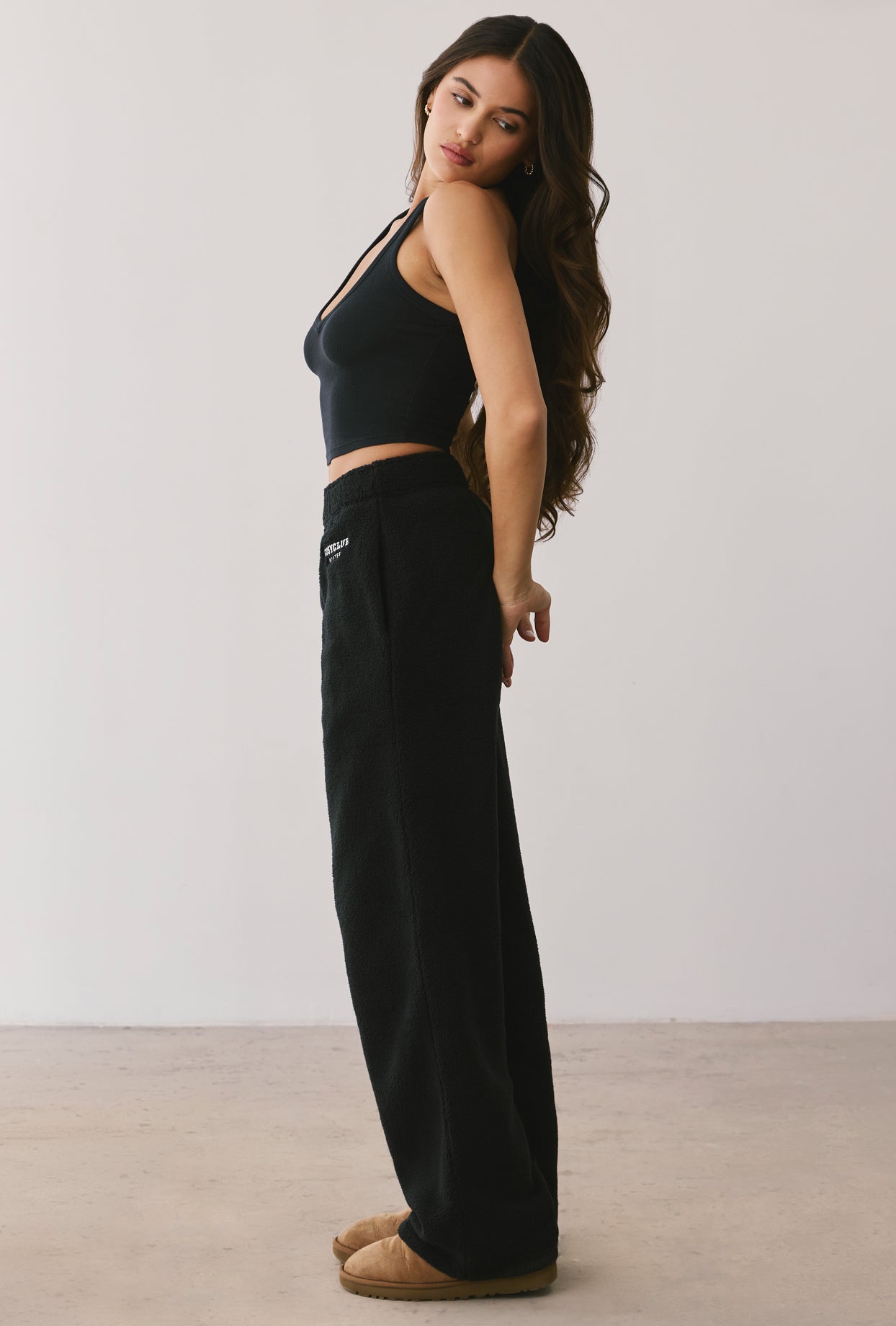 Fleece Wide Leg Joggers in Onyx