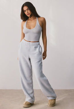 Petite Fleece Wide Leg Joggers in Fog