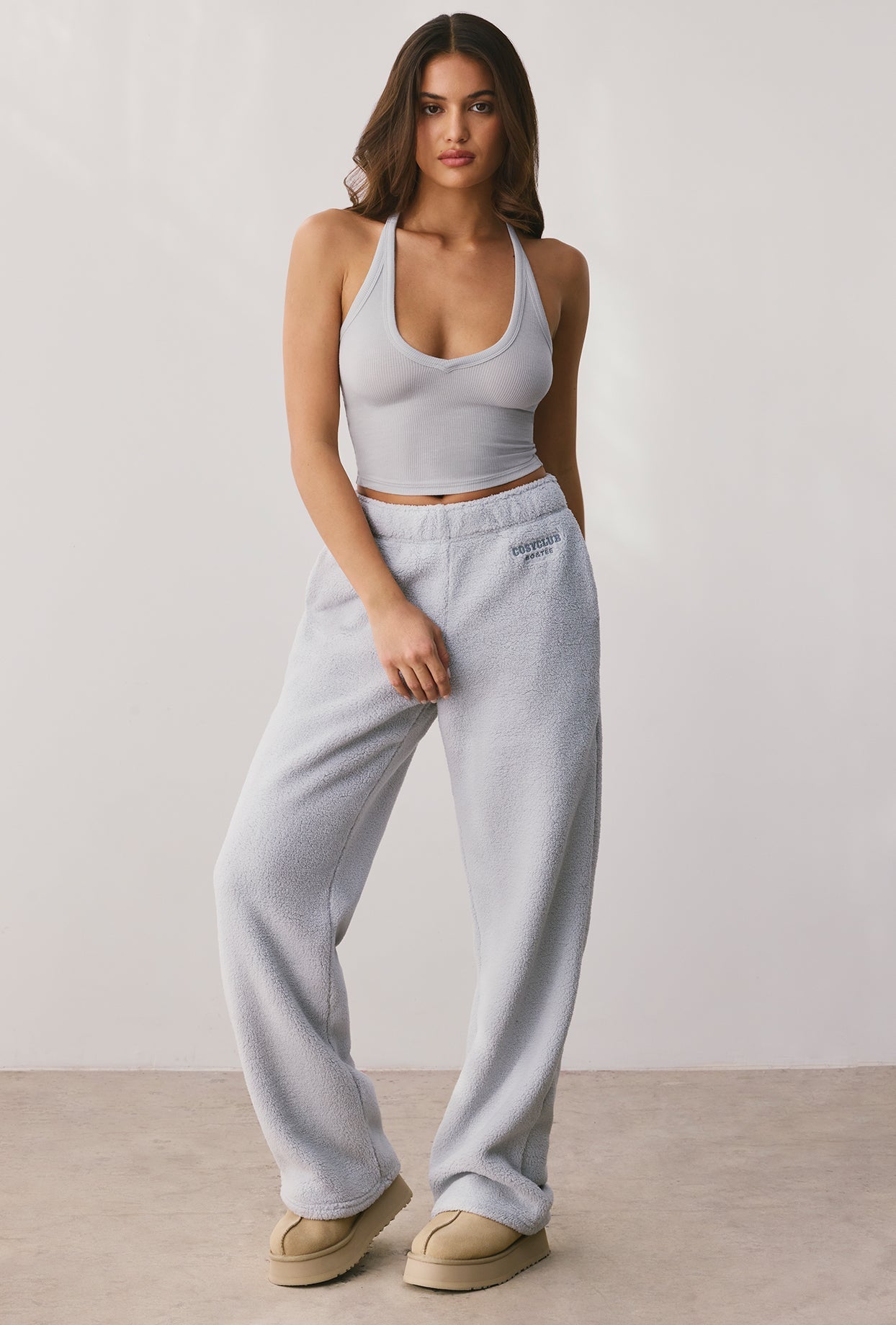 Fleece Wide Leg Joggers in Fog