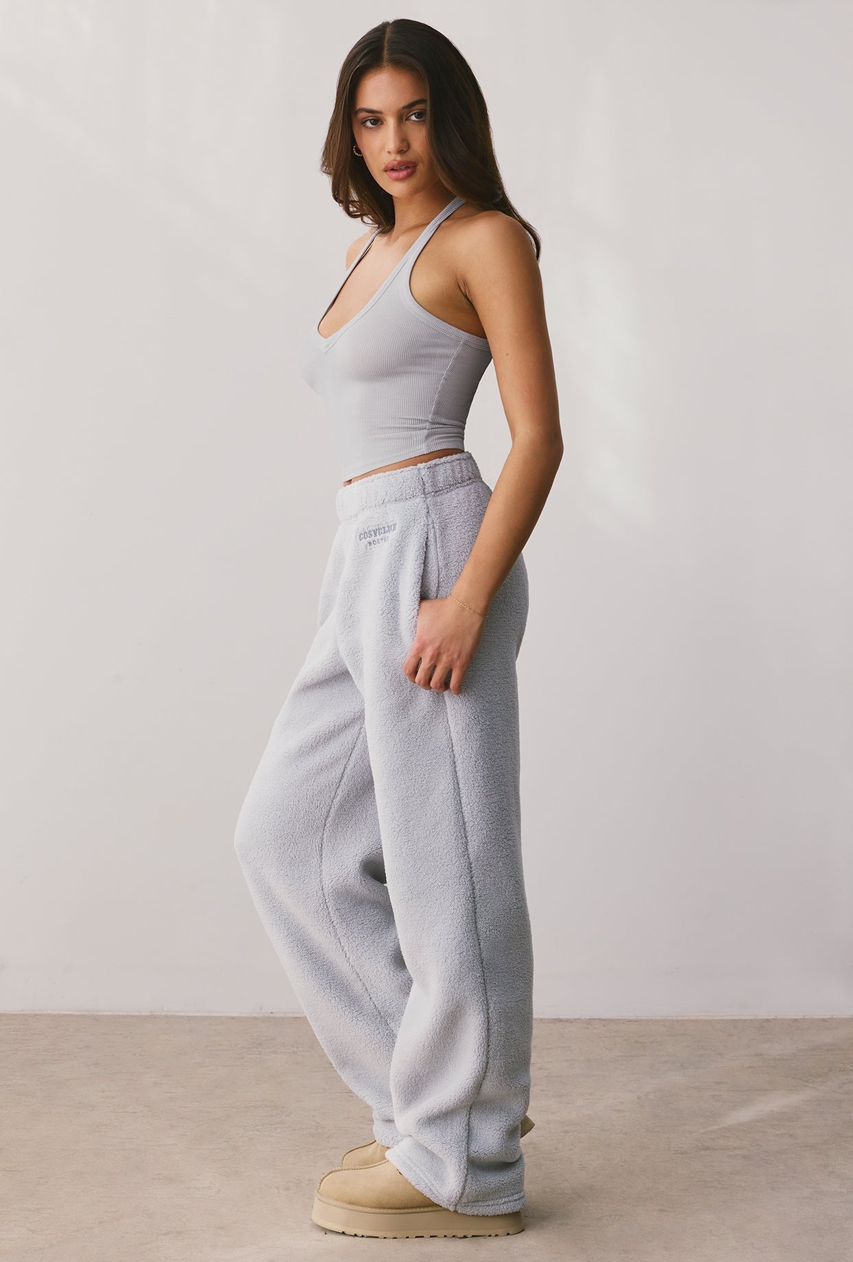 Fleece Wide Leg Joggers in Fog