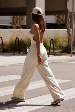 Petite Terry Towelling Wide-Leg Joggers in Cream