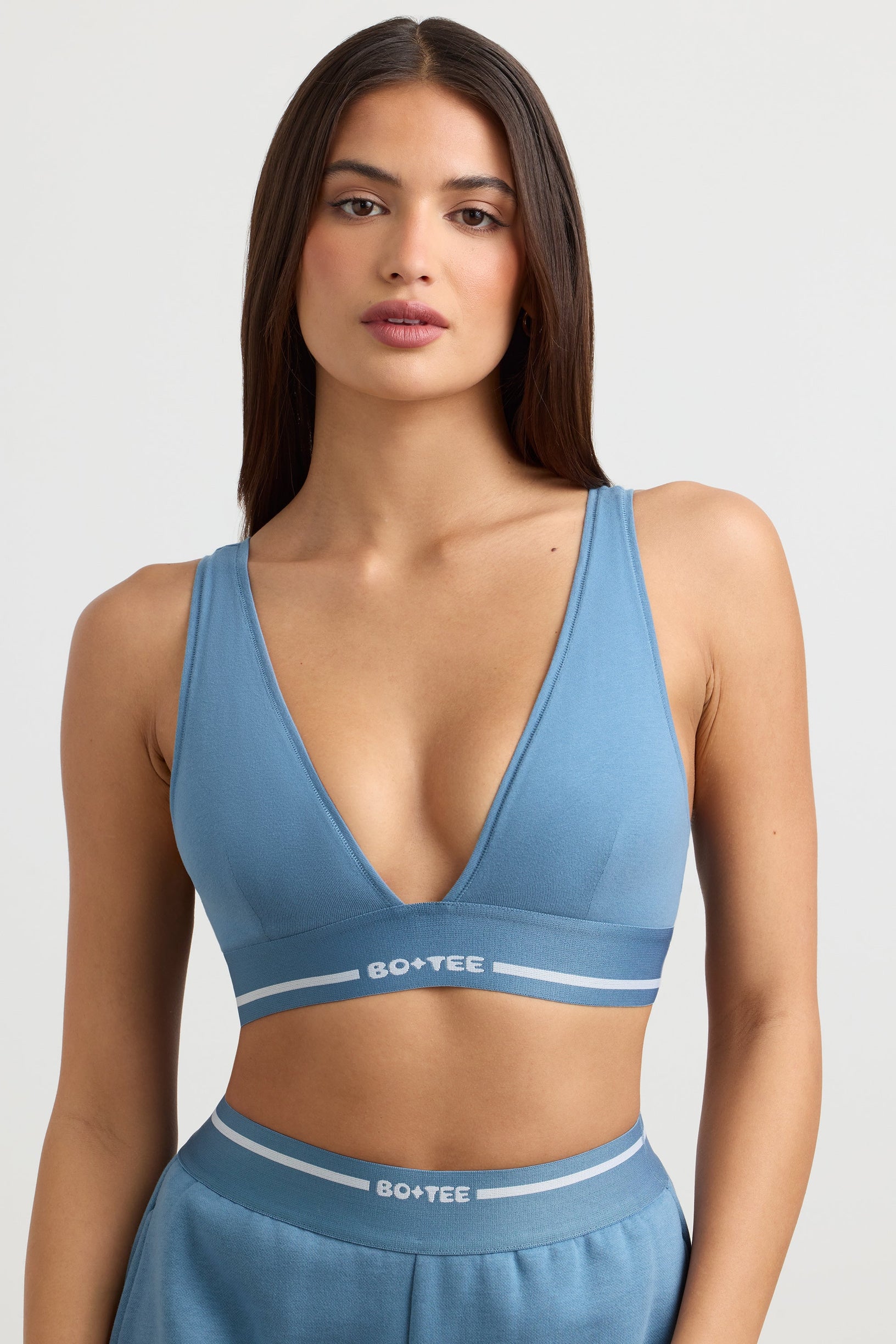 Stretch Cotton Jersey Plunge-Neck Crop Top in Steel Blue - 1