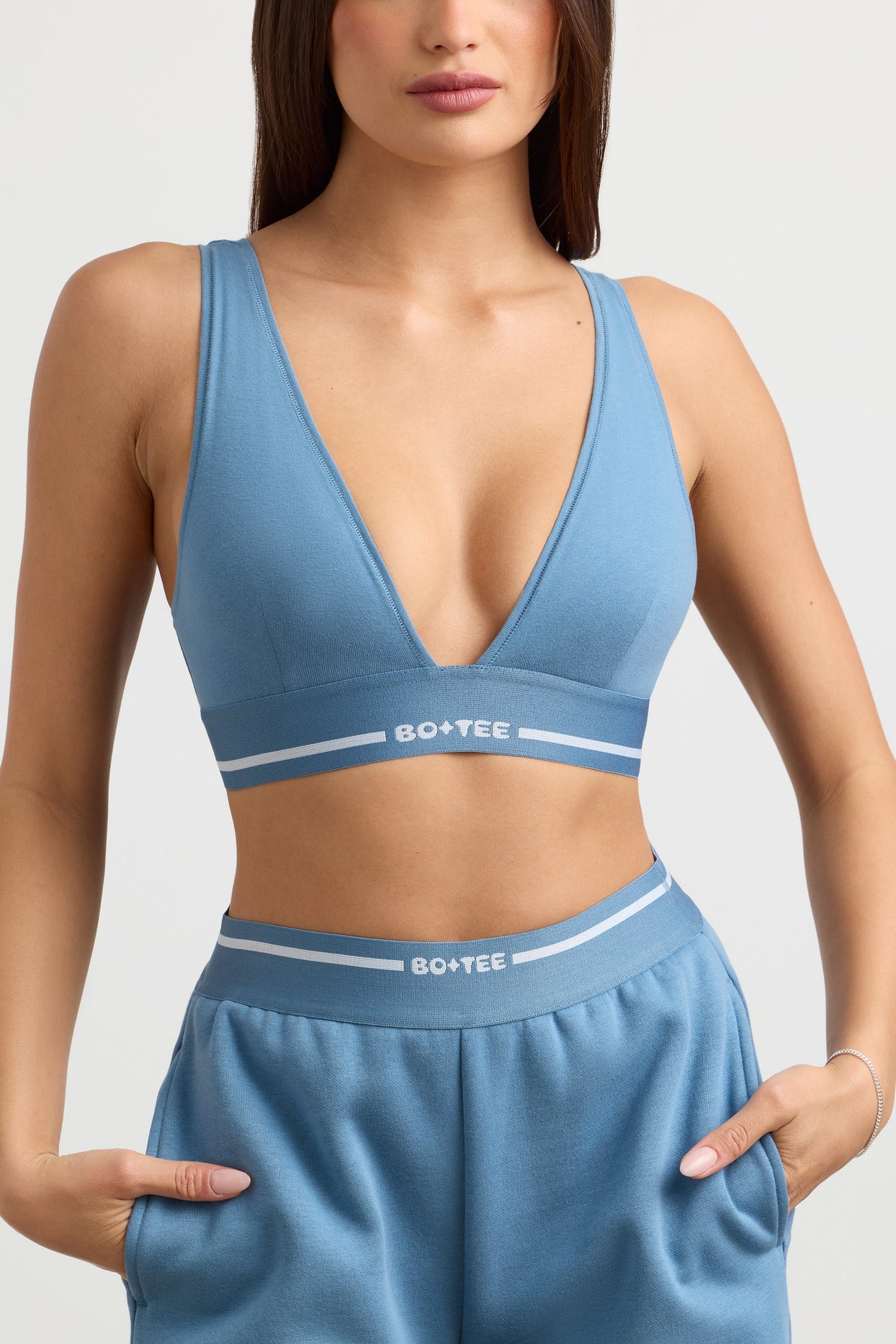 Plunge-Neck Crop Top in Steel Blue