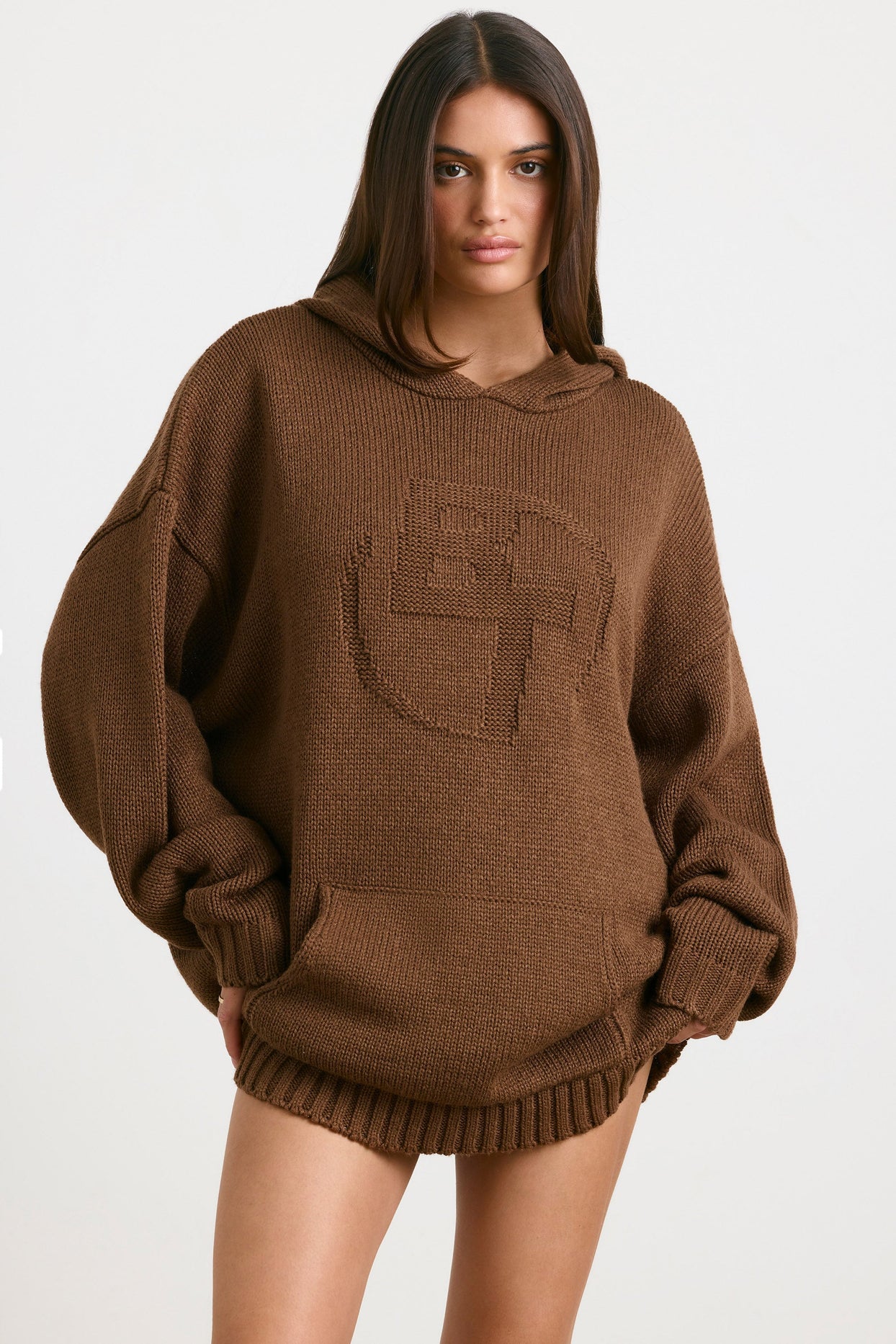 Oversized Chunky Knit Hoodie in Espresso