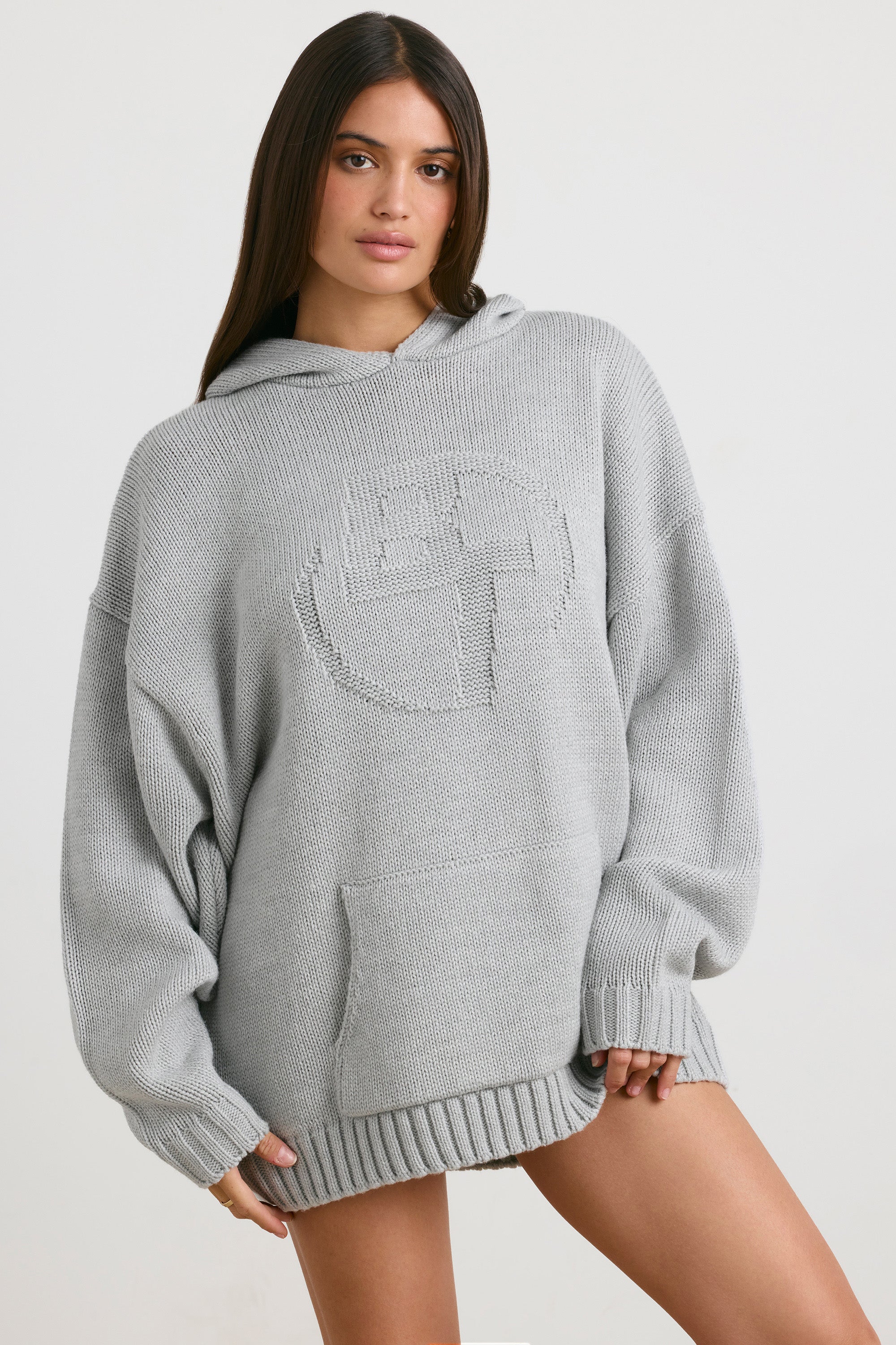 Oversized Chunky Knit Hoodie in Heather Grey