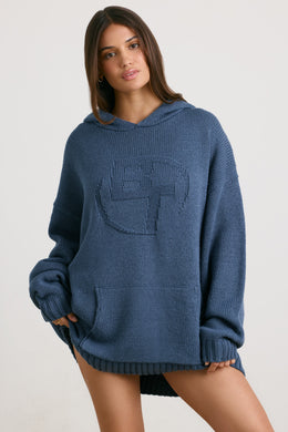 Oversized Chunky Knit Hoodie in Washed Navy