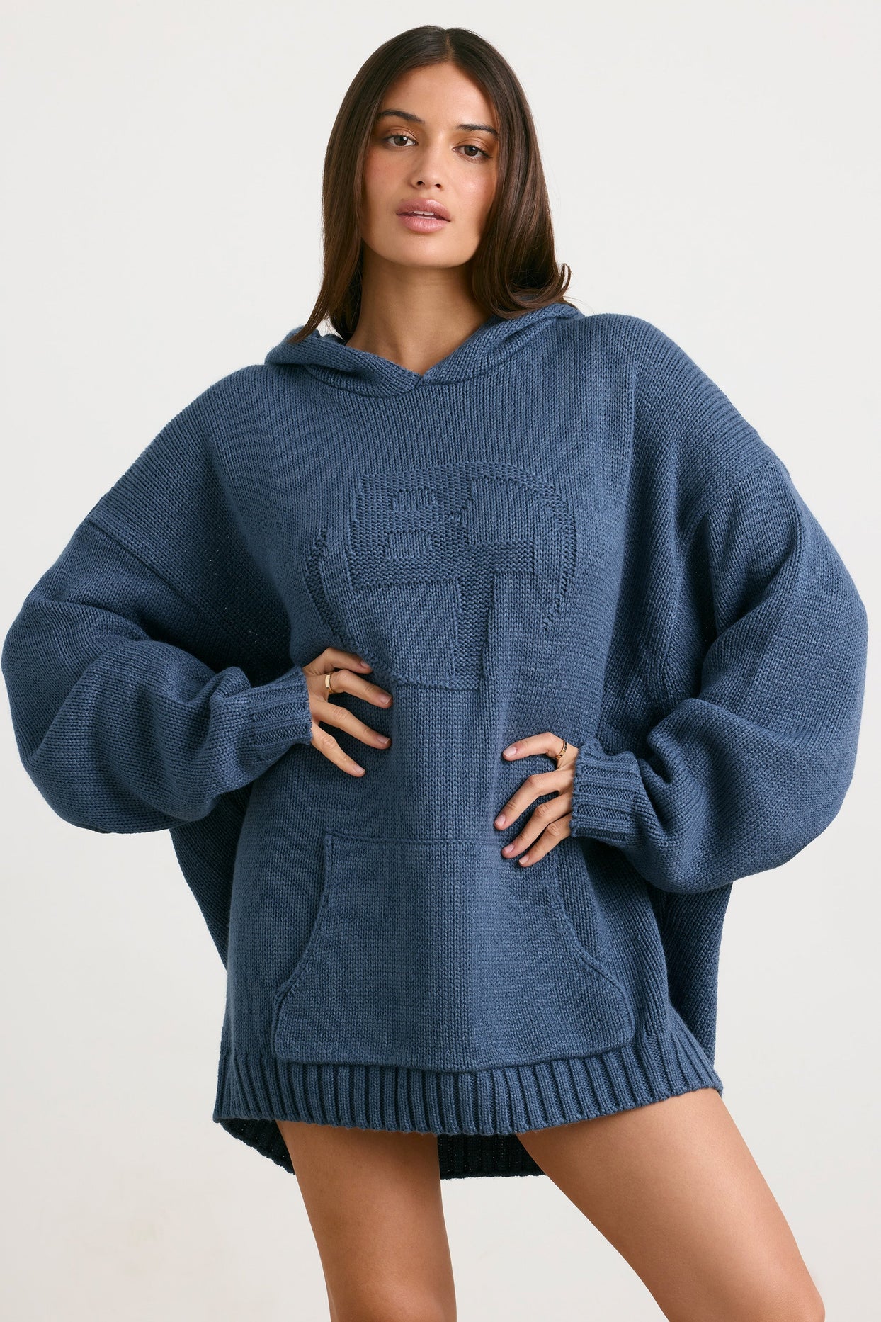 Oversized Chunky Knit Hoodie in Washed Navy