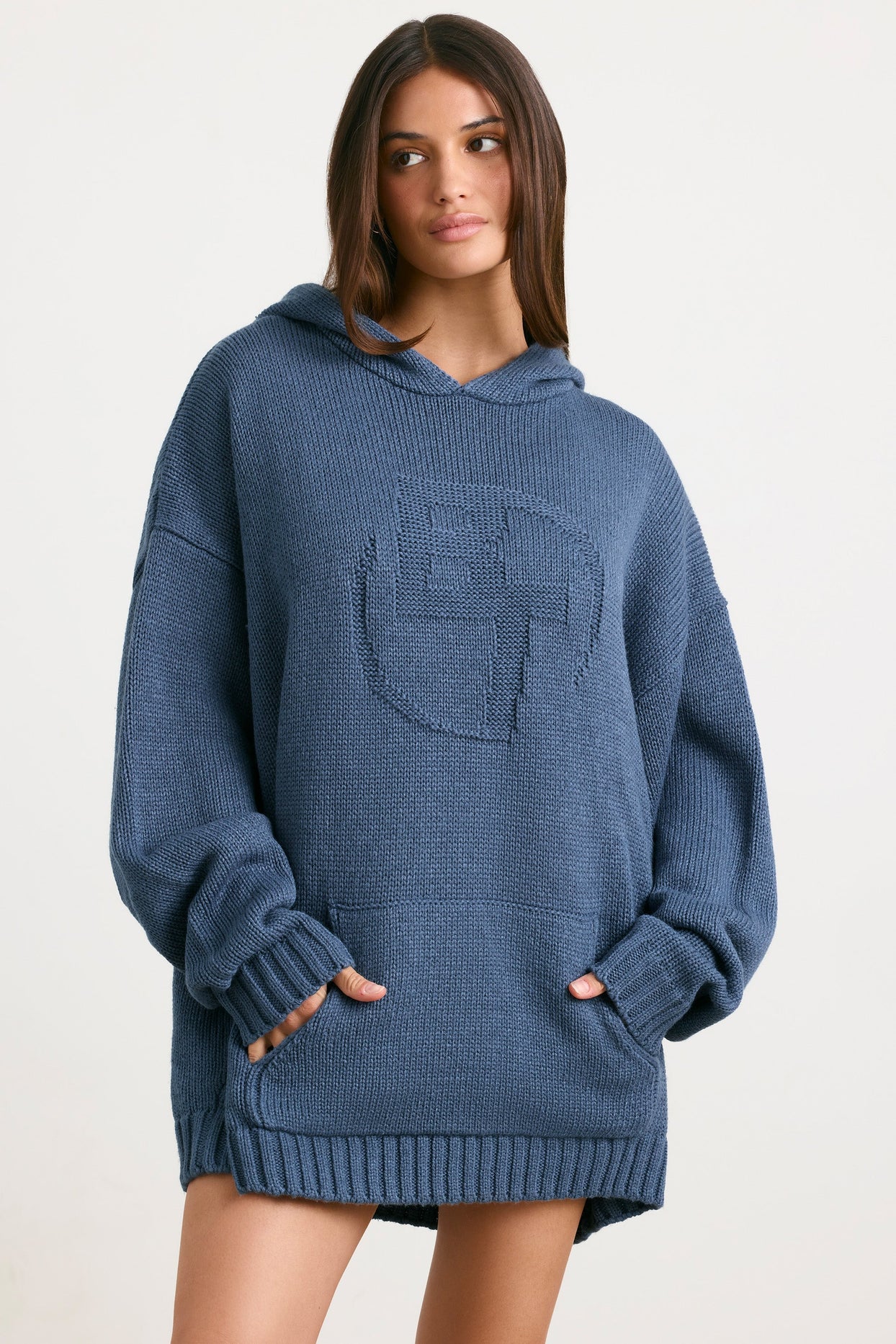 Oversized Chunky Knit Hoodie in Washed Navy