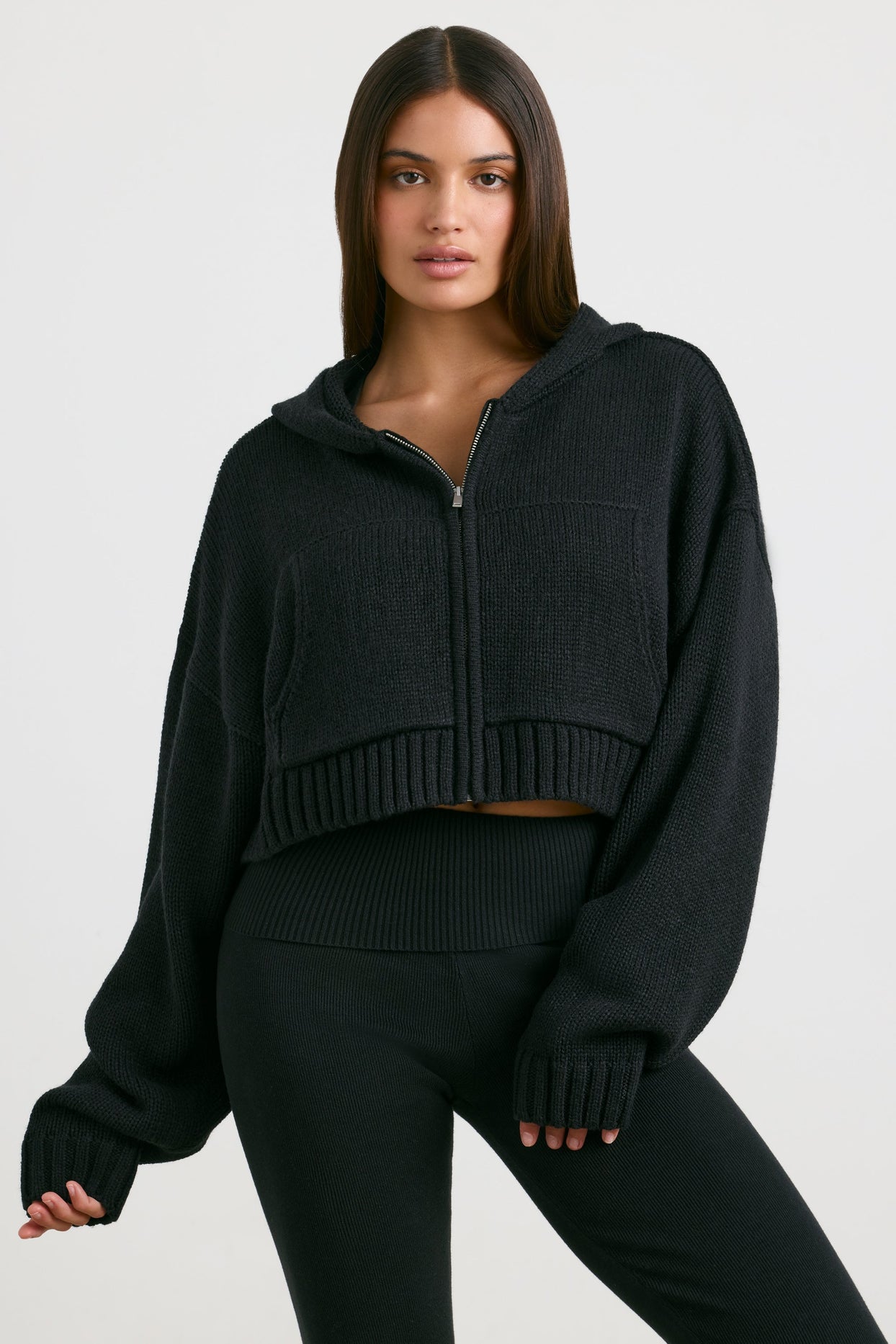 Cropped Zip Up Chunky Knit Hoodie in Black