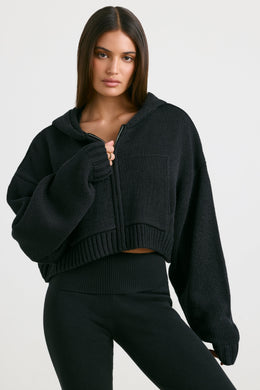 Cropped Zip Up Chunky Knit Hoodie in Black