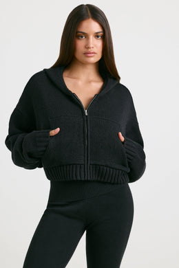 Cropped Zip Up Chunky Knit Hoodie in Black