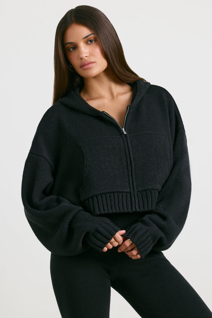 True Cropped Zip Up Chunky Knit Hoodie in Black | Oh Polly
