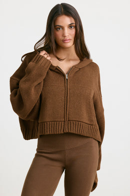 Cropped Zip Up Chunky Knit Hoodie in Espresso