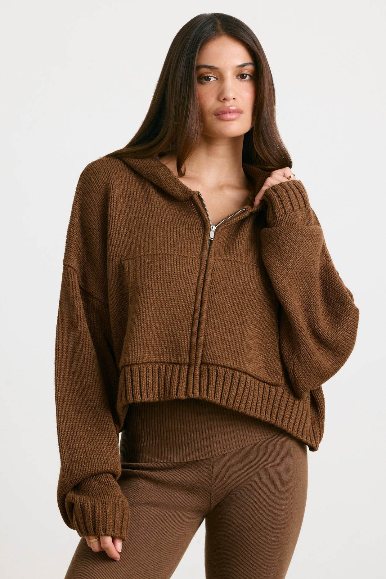 Cropped Zip Up Chunky Knit Hoodie in Espresso