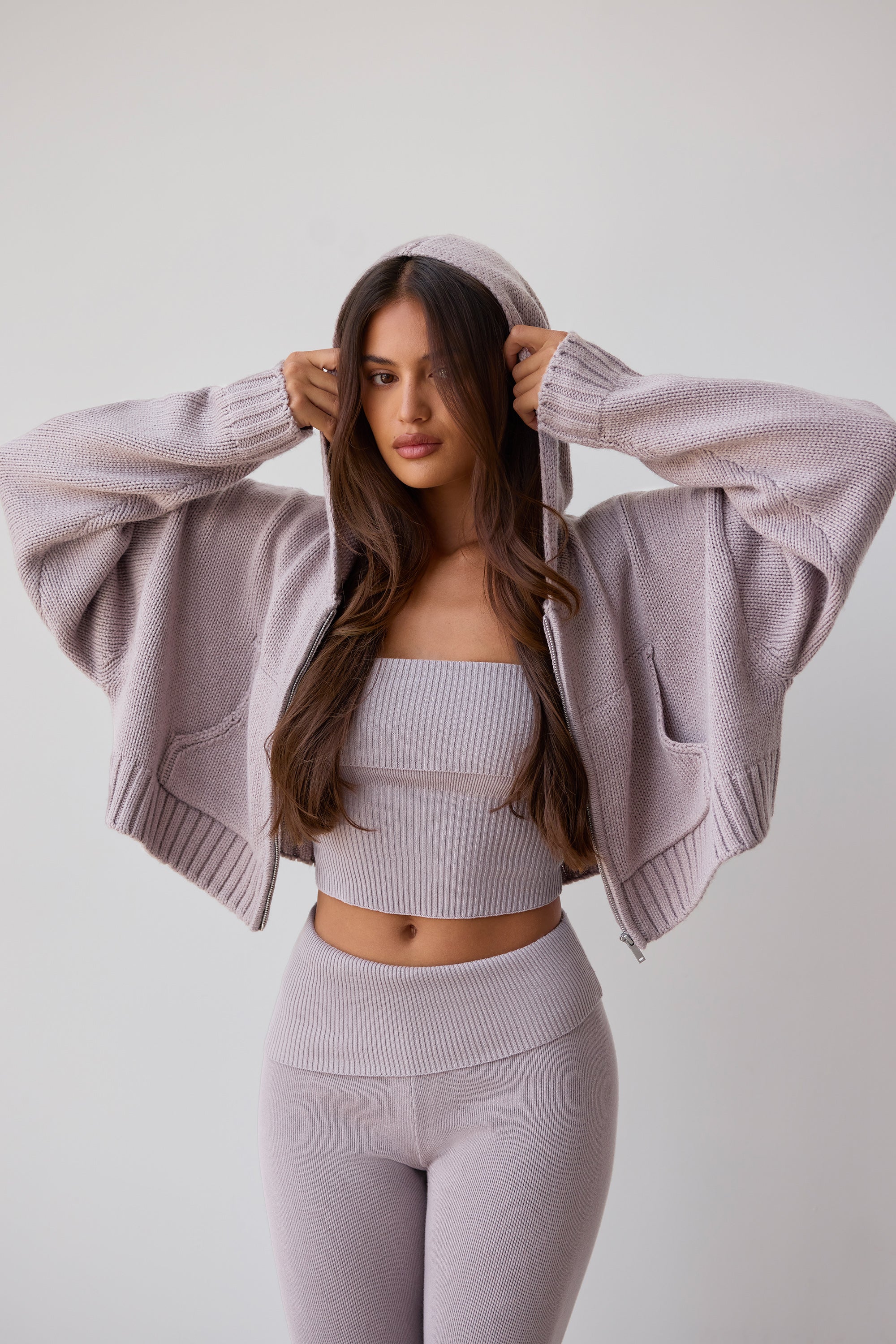 Cropped Zip Up Chunky Knit Hoodie in Dusty Lavender Bo Tee Oh Polly AE