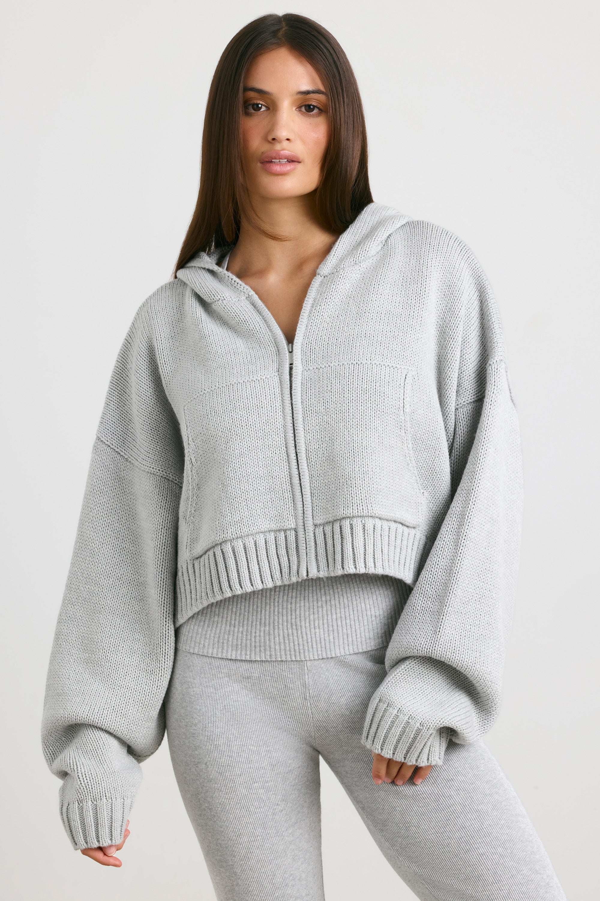 True Cropped Zip Up Chunky Knit Hoodie in Heather Grey Oh Polly