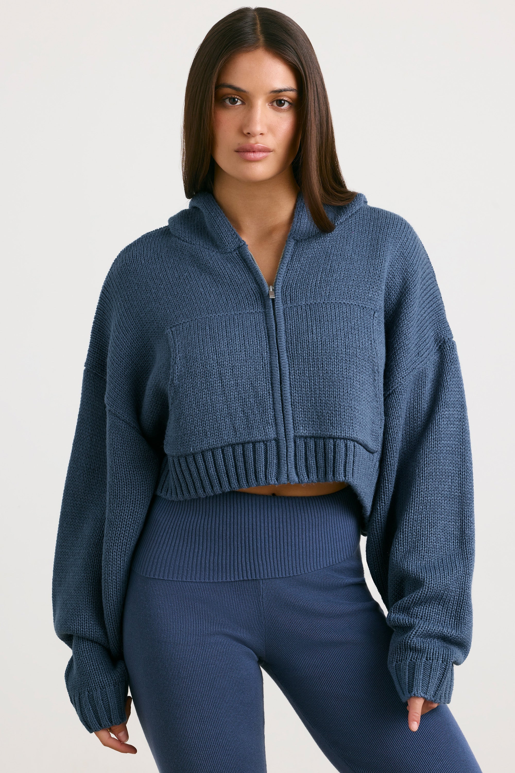 True Cropped Zip Up Chunky Knit Hoodie in Washed Navy Oh Polly