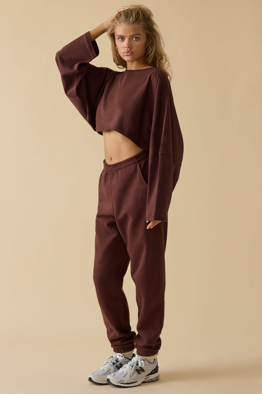 Oversized Long Sleeve Crop Top in Mahogany