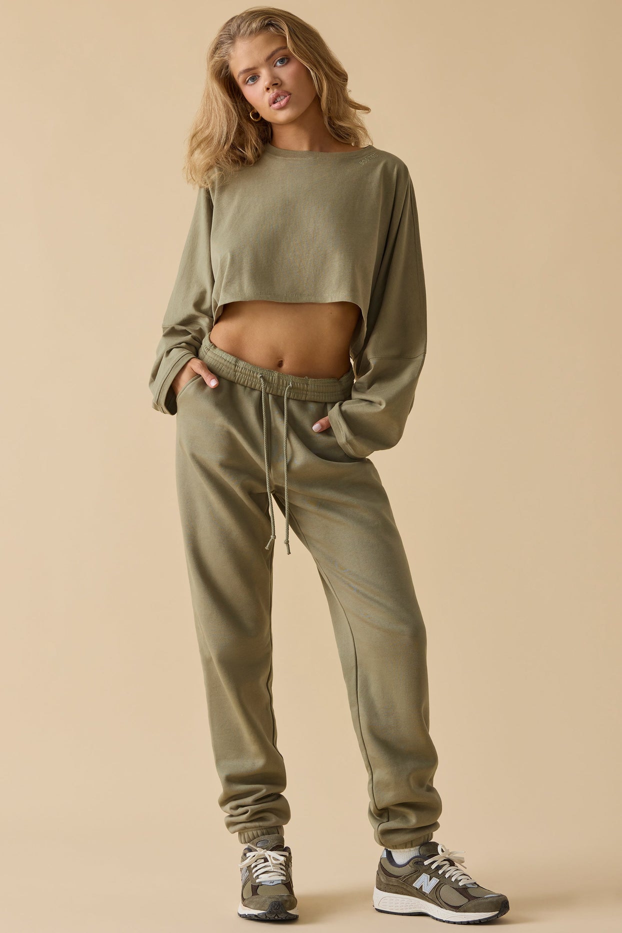 Oversized Long Sleeve Crop Top in Soft Olive
