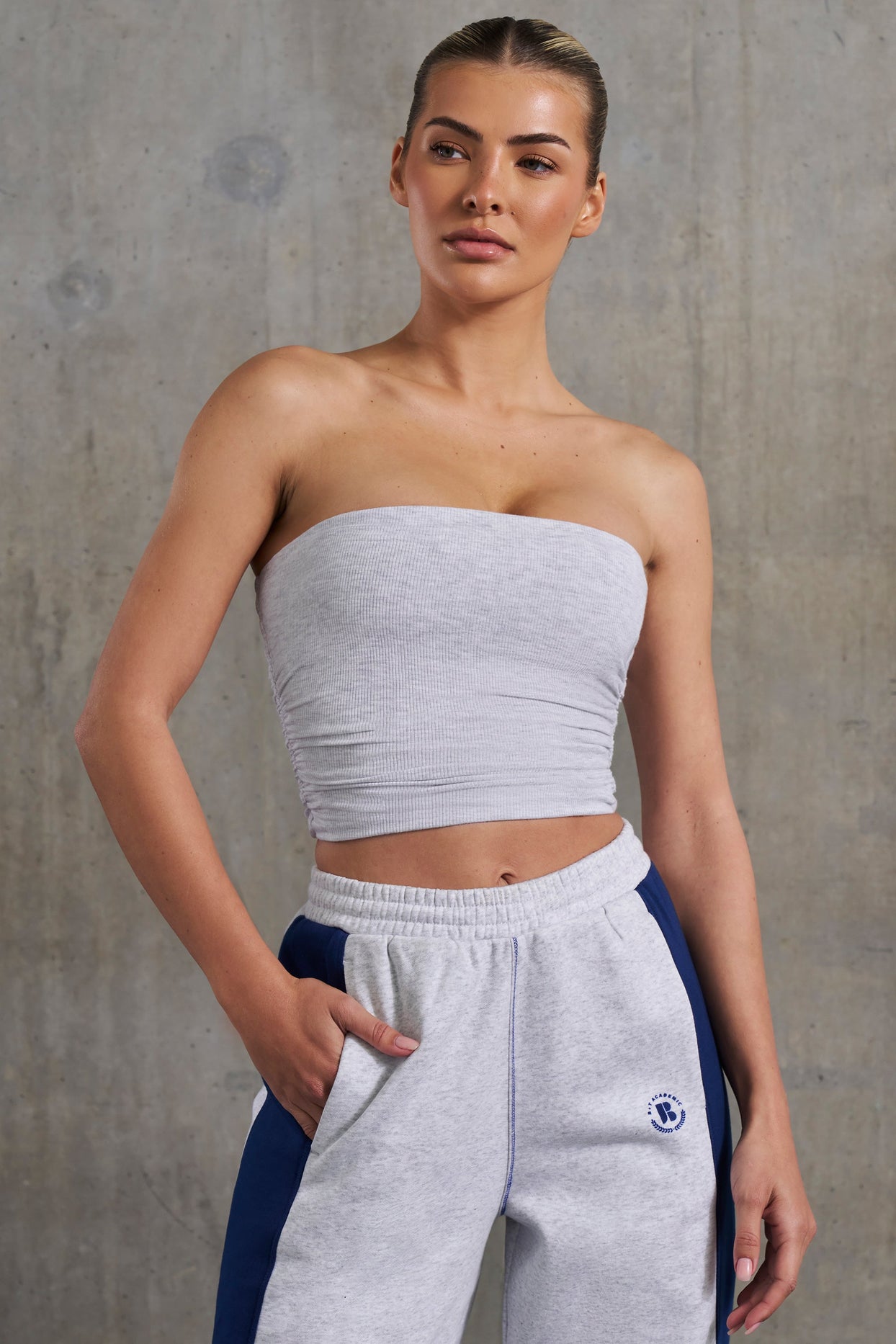 Soft Rib Ruched Bandeau Top in Heather Grey