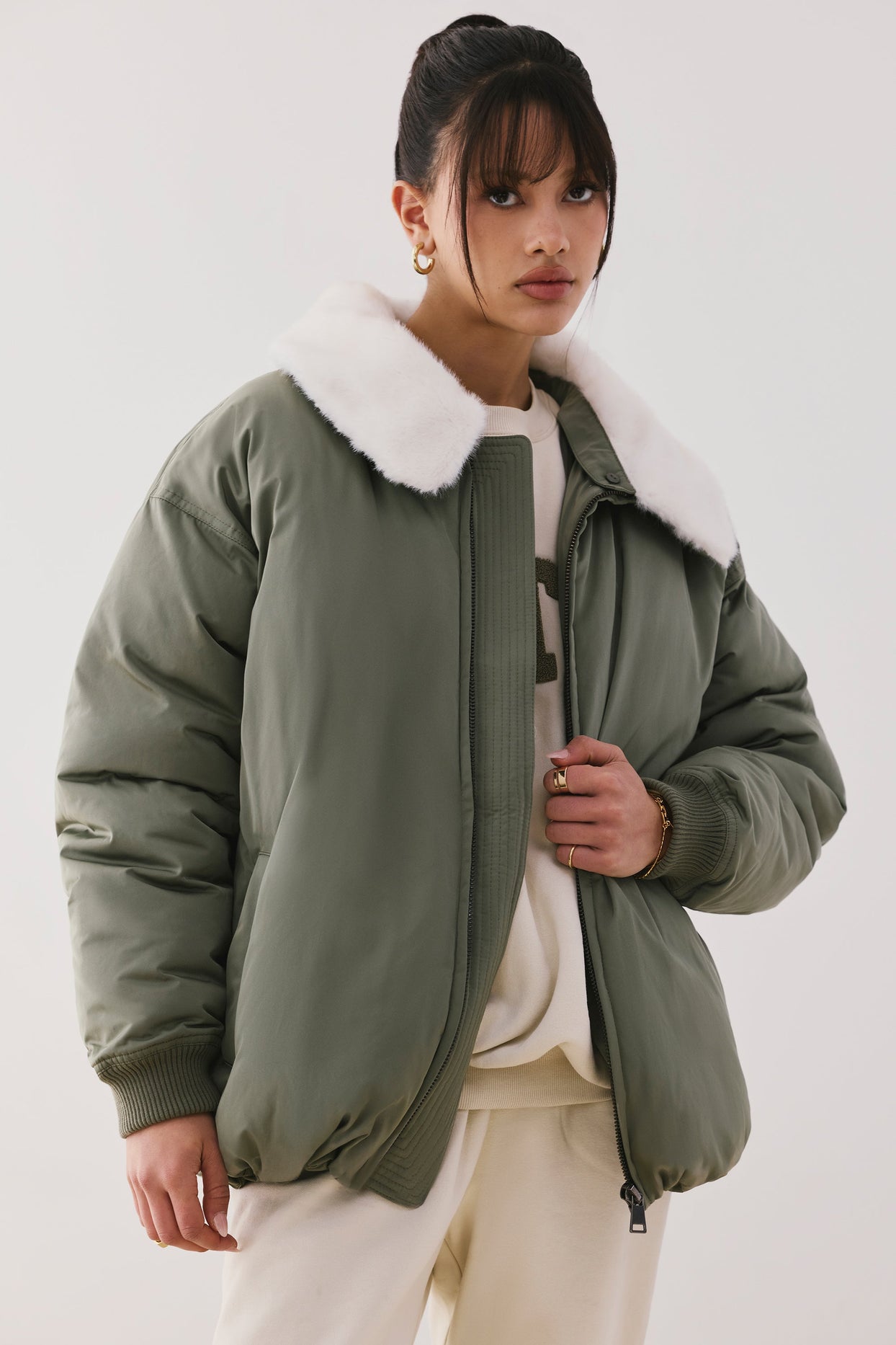 Oversized Bomber Jacket in Deep Olive