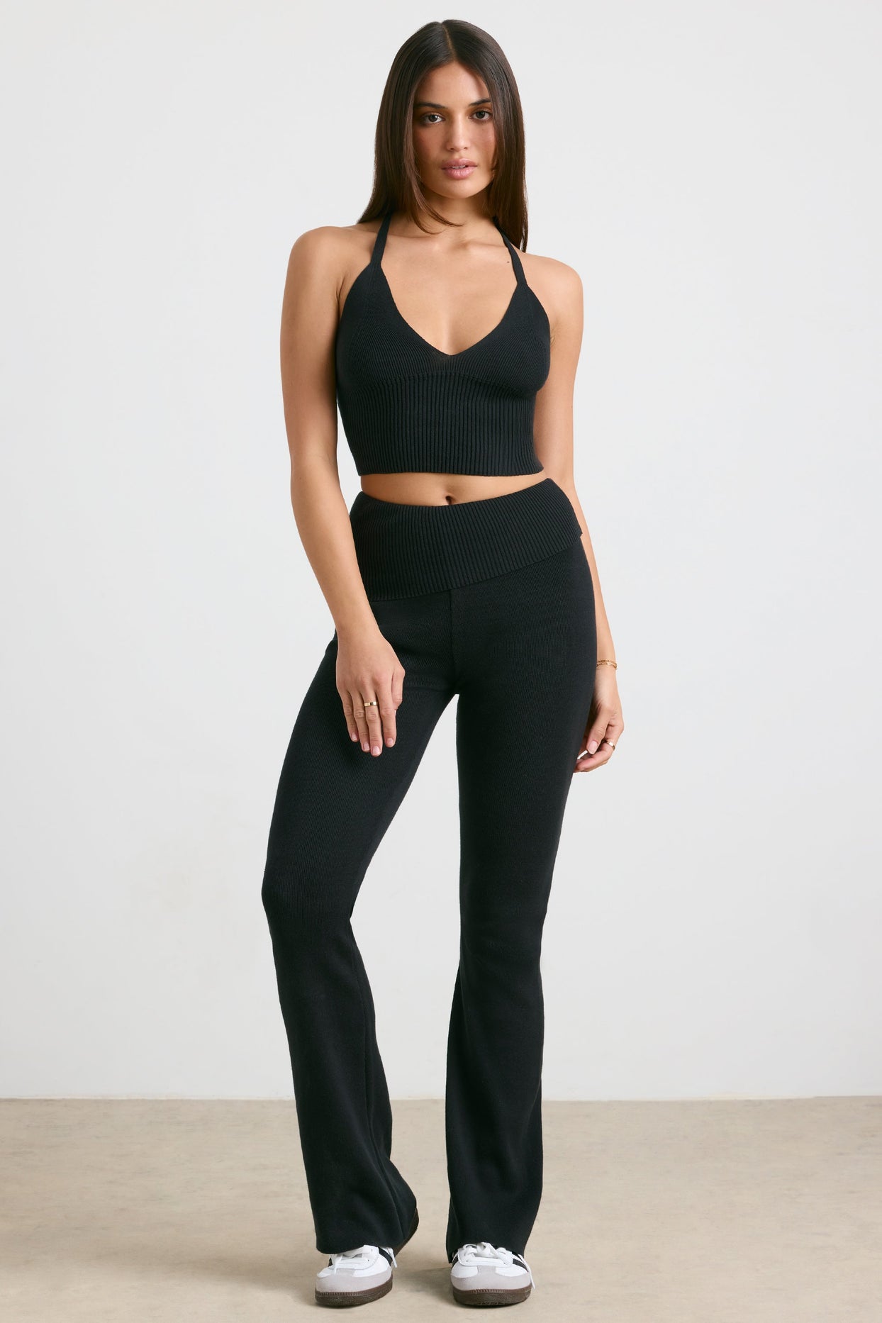 Petite Chunky Knit Kick Flare Trousers in Black