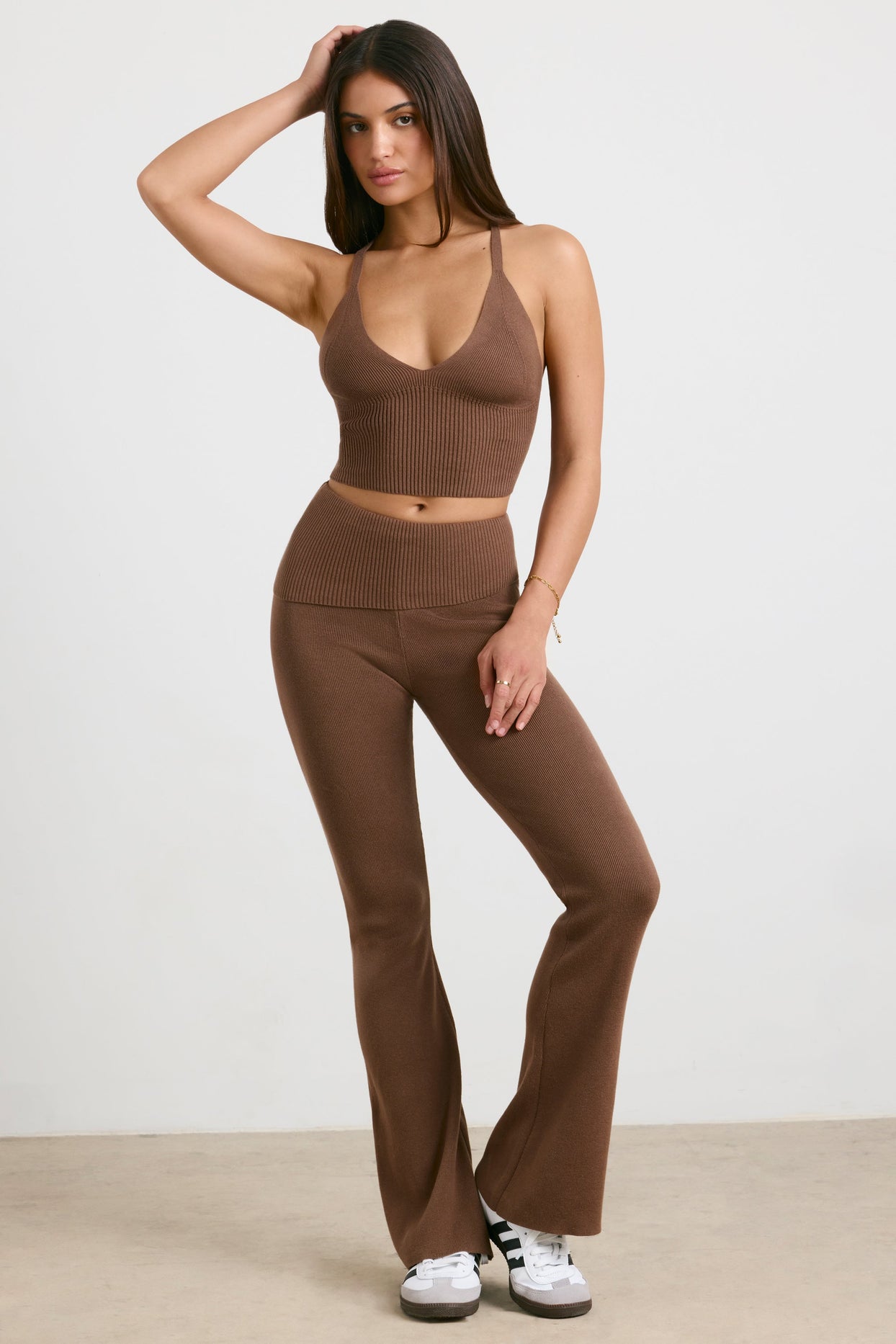 Chunky Knit Kick Flare Trousers in Espresso