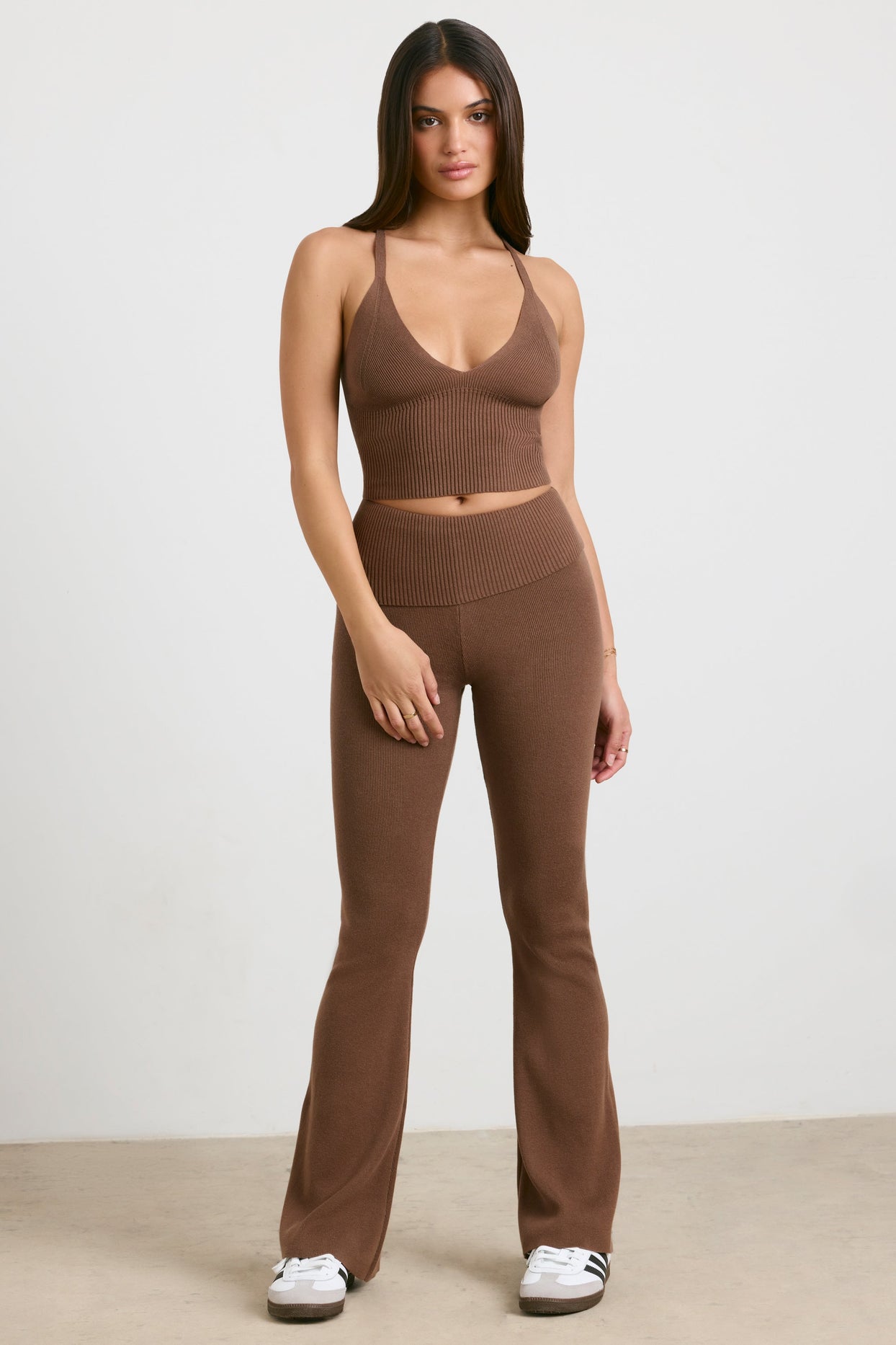 Chunky Knit Kick Flare Trousers in Espresso