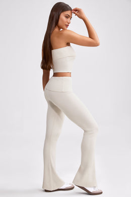 Petite Fold Over Kick Flare Chunky Knit Trousers in Cream