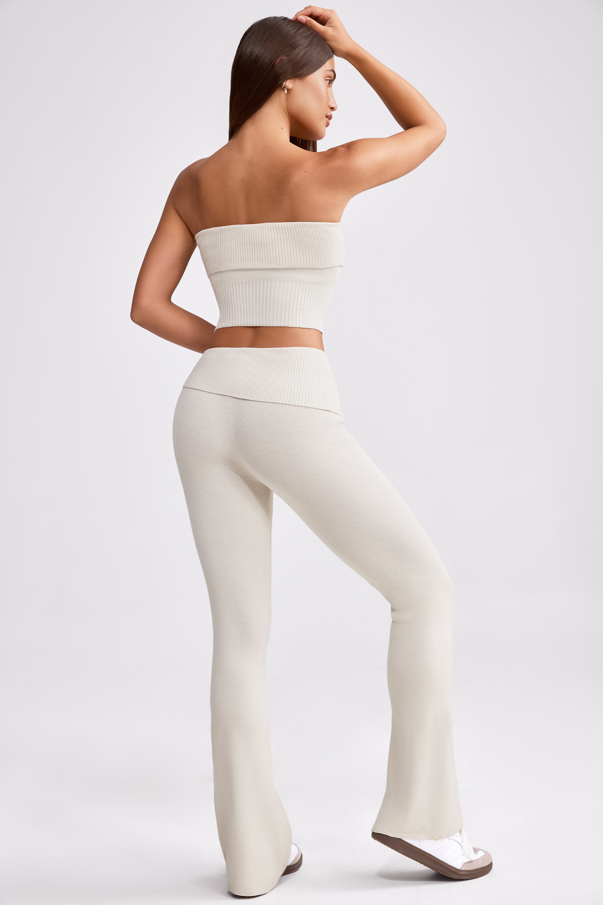 Fold Over Kick Flare Chunky Knit Trousers in Cream