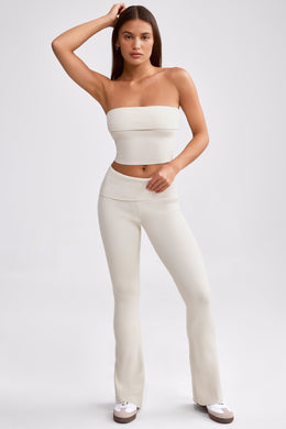 Petite Fold Over Kick Flare Chunky Knit Trousers in Cream