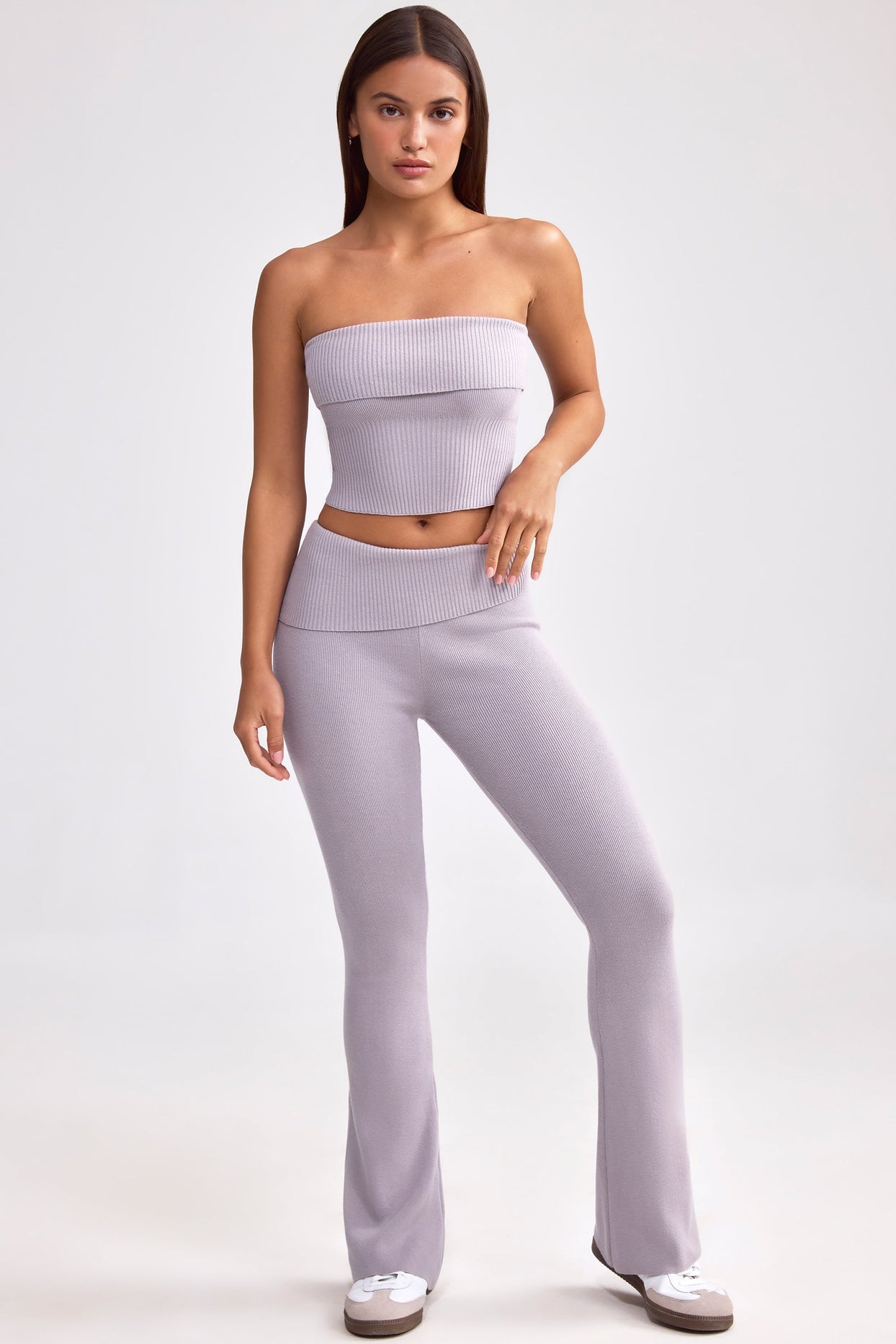 Petite Fold Over Kick Flare Chunky Knit Trousers in Dusty Lavender