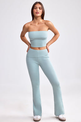 Fold Over Kick Flare Chunky Knit Trousers in Dusty Teal