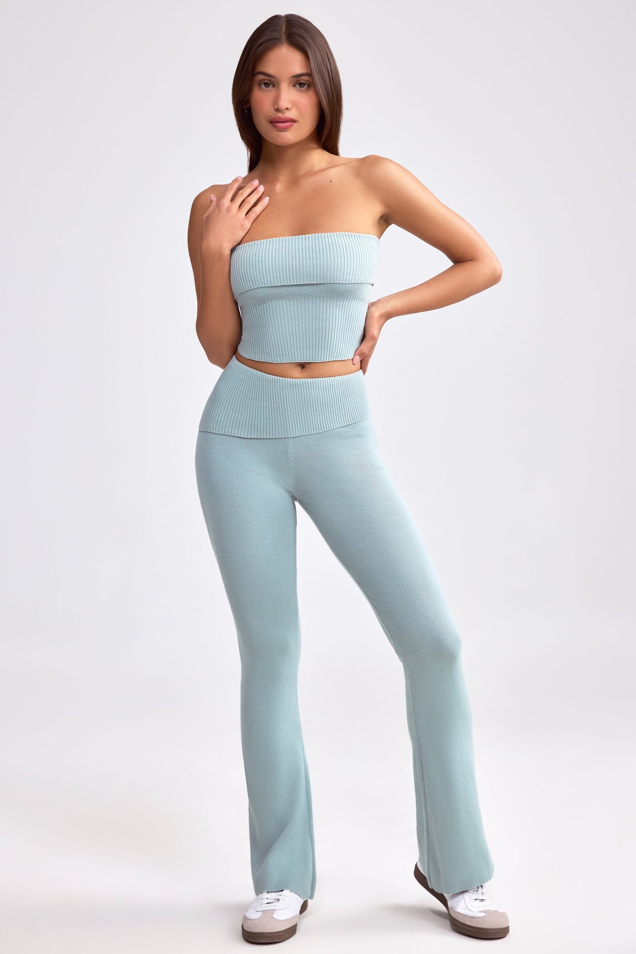 Petite Fold Over Kick Flare Chunky Knit Trousers in Dusty Teal