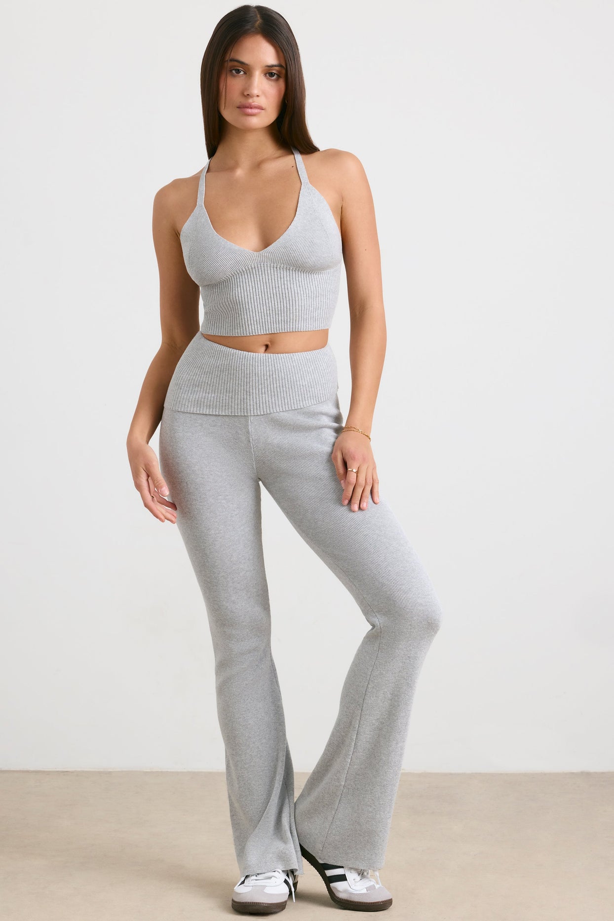 Chunky Knit Kick Flare Trousers in Heather Grey