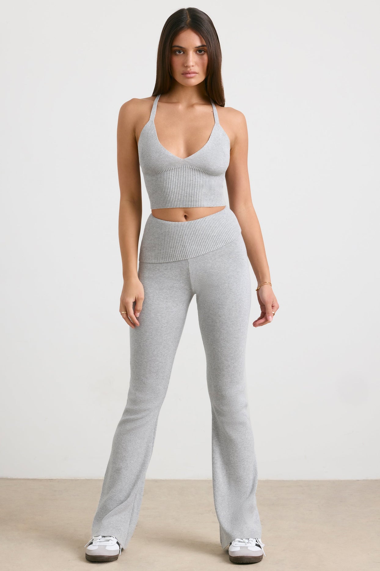 Chunky Knit Kick Flare Trousers in Heather Grey