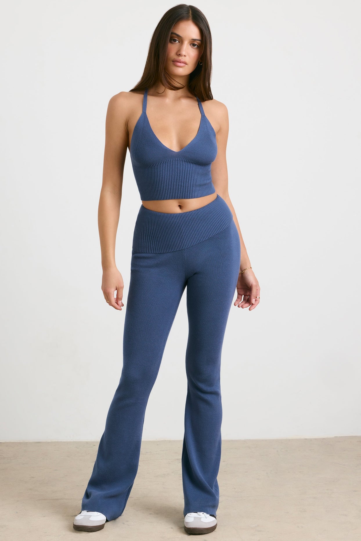 Muse Chunky Knit Kick Flare Trousers in Washed Navy