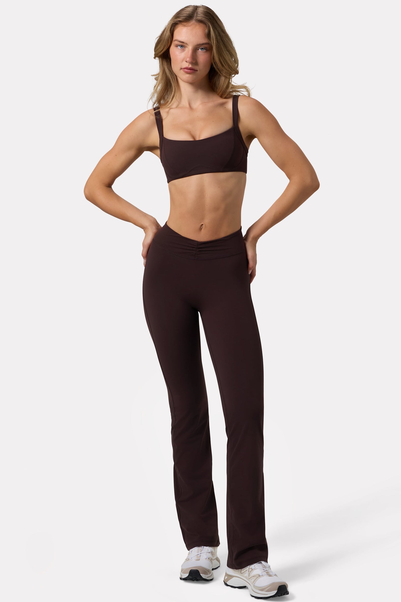 Soft Active Ruched Flared Trousers in Espresso - 1