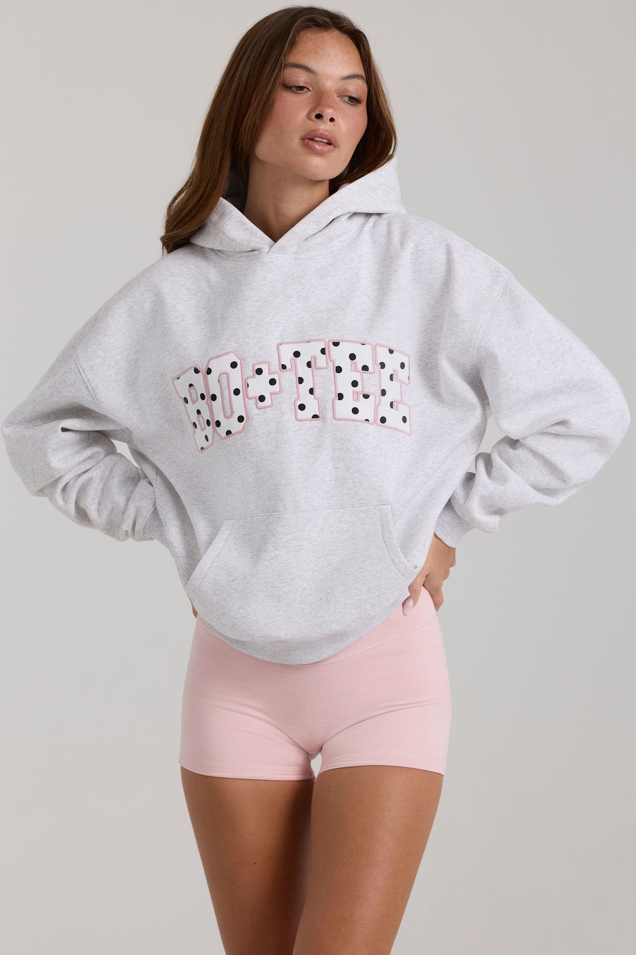 Oversized Applique Hoodie in Grey Marl