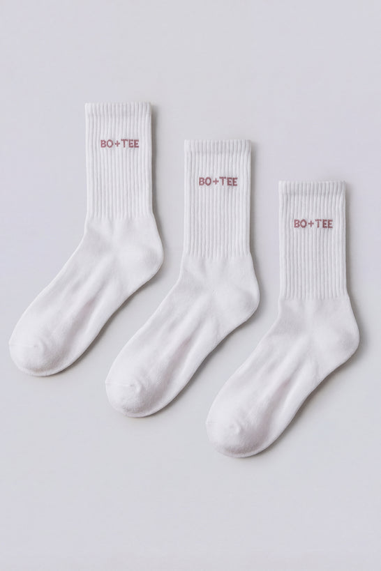 Ribbed Half-Crew 3-Pack Socks in White Pink