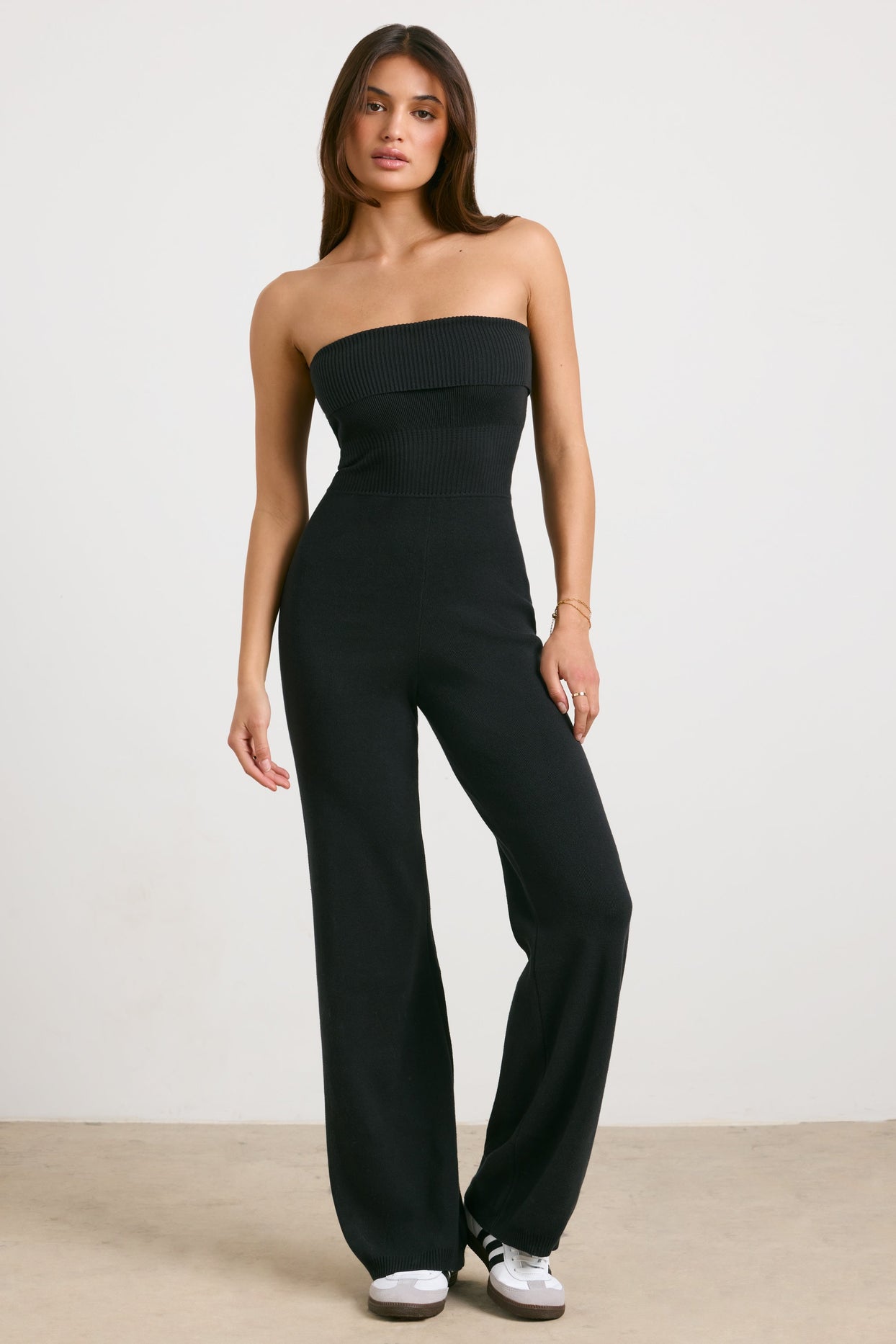 Chunky Knit Kick Flare Unitard in Black