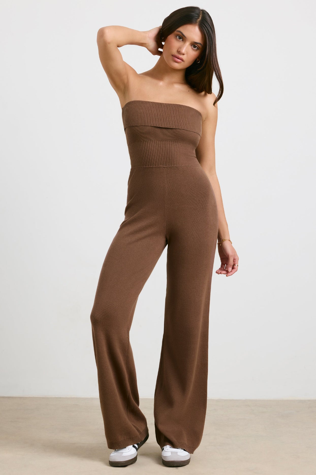 Petite Chunky Knit Kick Flare Unitard in Espresso