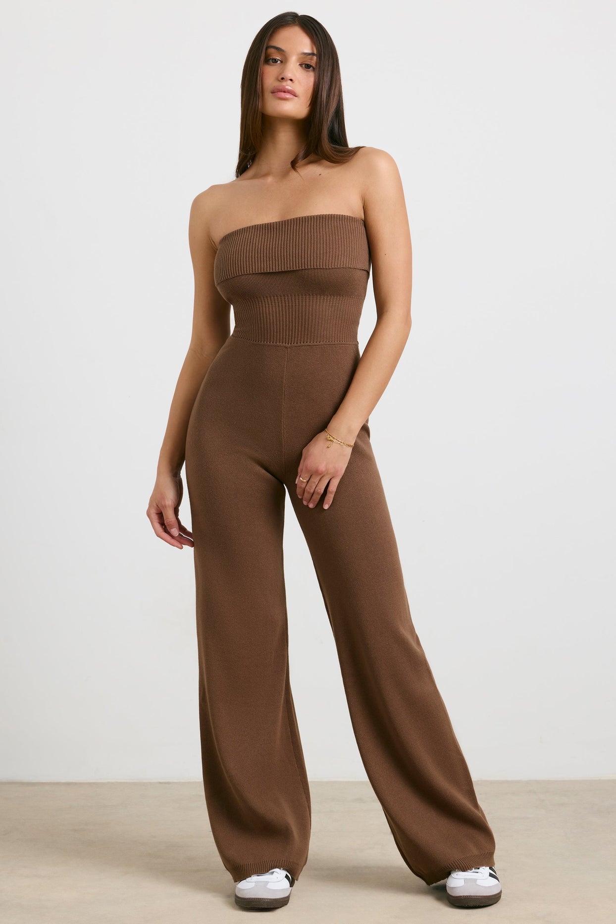 Petite Chunky Knit Kick Flare Unitard in Espresso