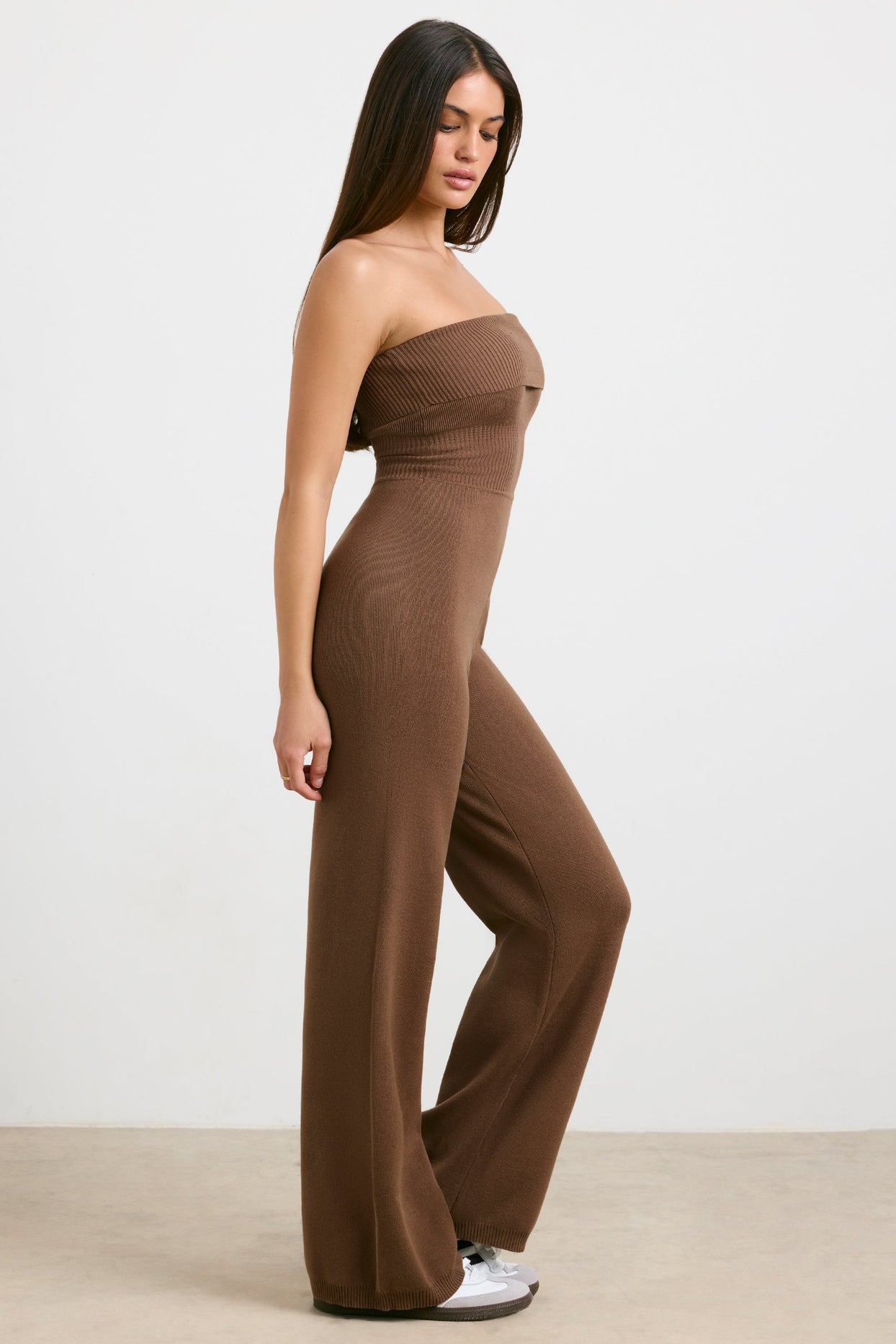 Petite Chunky Knit Kick Flare Unitard in Espresso