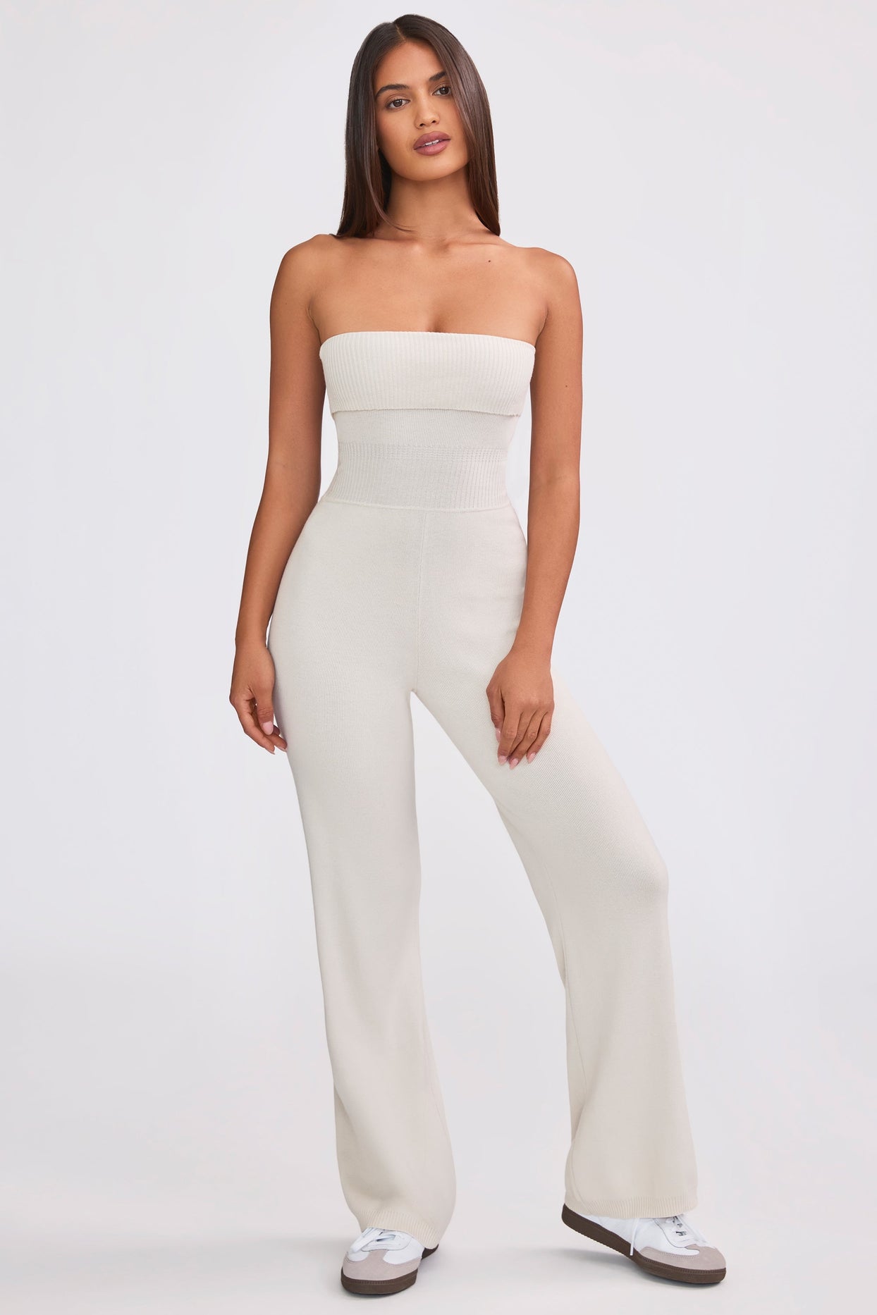 Petite Bandeau Kick Flare Chunky Knit Jumpsuit in Cream