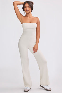 Petite Bandeau Kick Flare Chunky Knit Jumpsuit in Cream