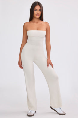 Petite Bandeau Kick Flare Chunky Knit Jumpsuit in Cream