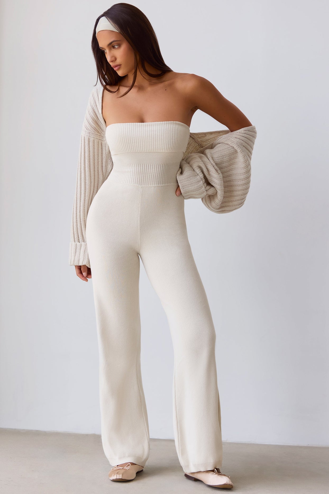 Petite Bandeau Kick Flare Chunky Knit Jumpsuit in Cream