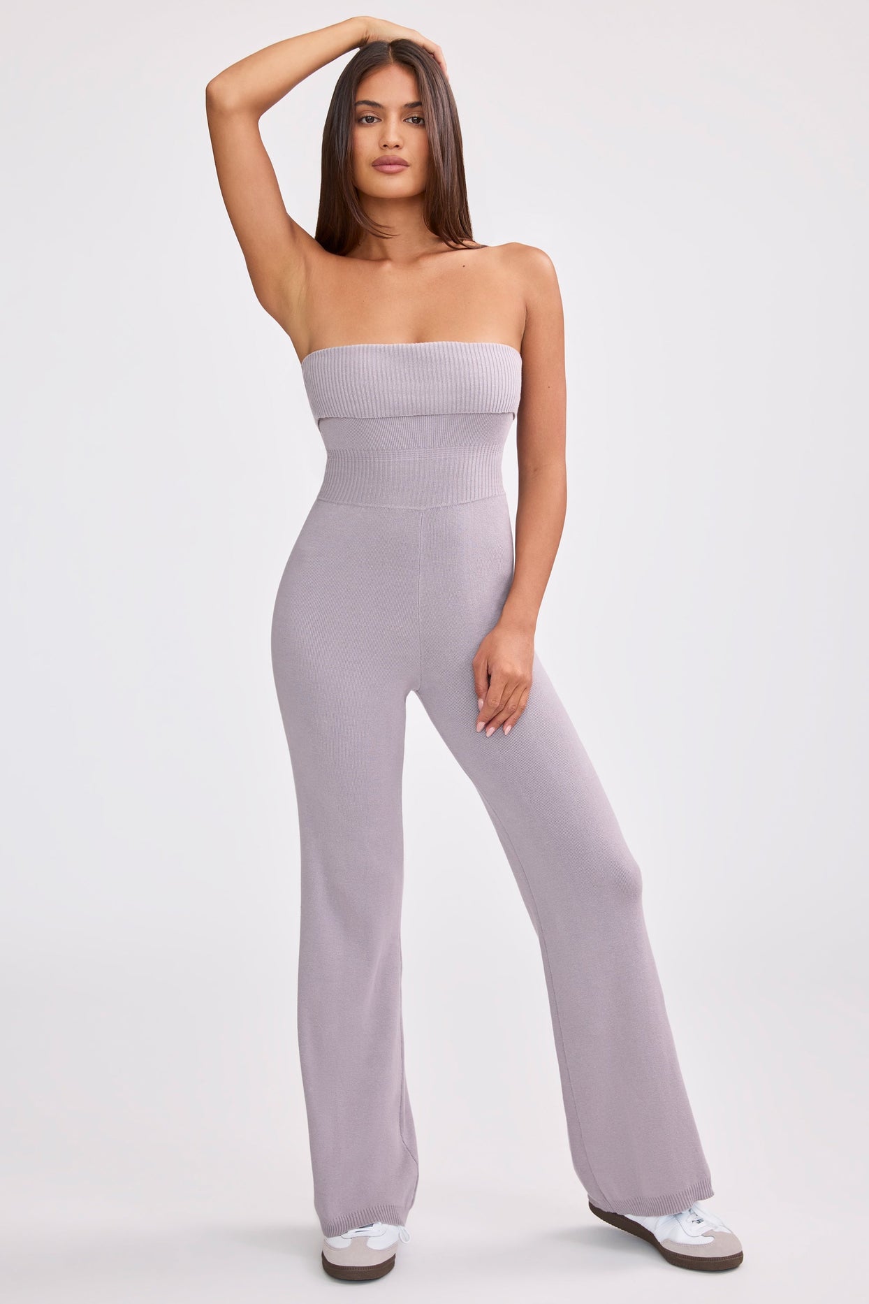 Bandeau Kick Flare Chunky Knit Jumpsuit in Dusty Lavender